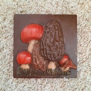 Vintage 70s MCM hand painted ceramic morel mushrooms wall art hanging plaque